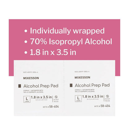 McKesson Alcohol Prep Pads [Pack of 100] 70% Isopropyl, Individually Wrapped Wipes, Sterile, Medical-Grade, First Aid, Large