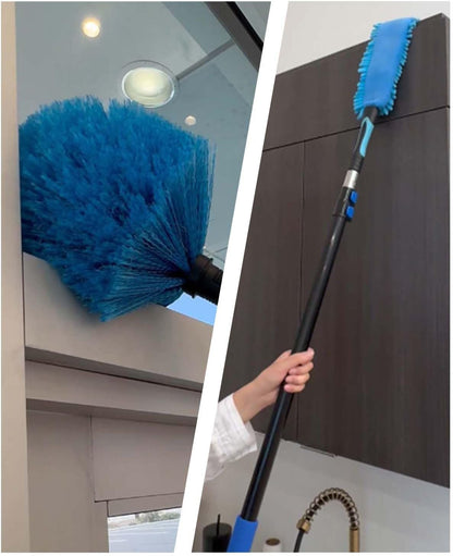 20 Foot Painted Wall Cleaner Mop with 12 Ft Heavy Duty Extension Pole, 3-in-1 High Ceiling Cleaning Tool with 4 Microfiber Chenille Pad, Cobweb Duster, Fan, Baseboard, Window Squeegee Kit (12ft)