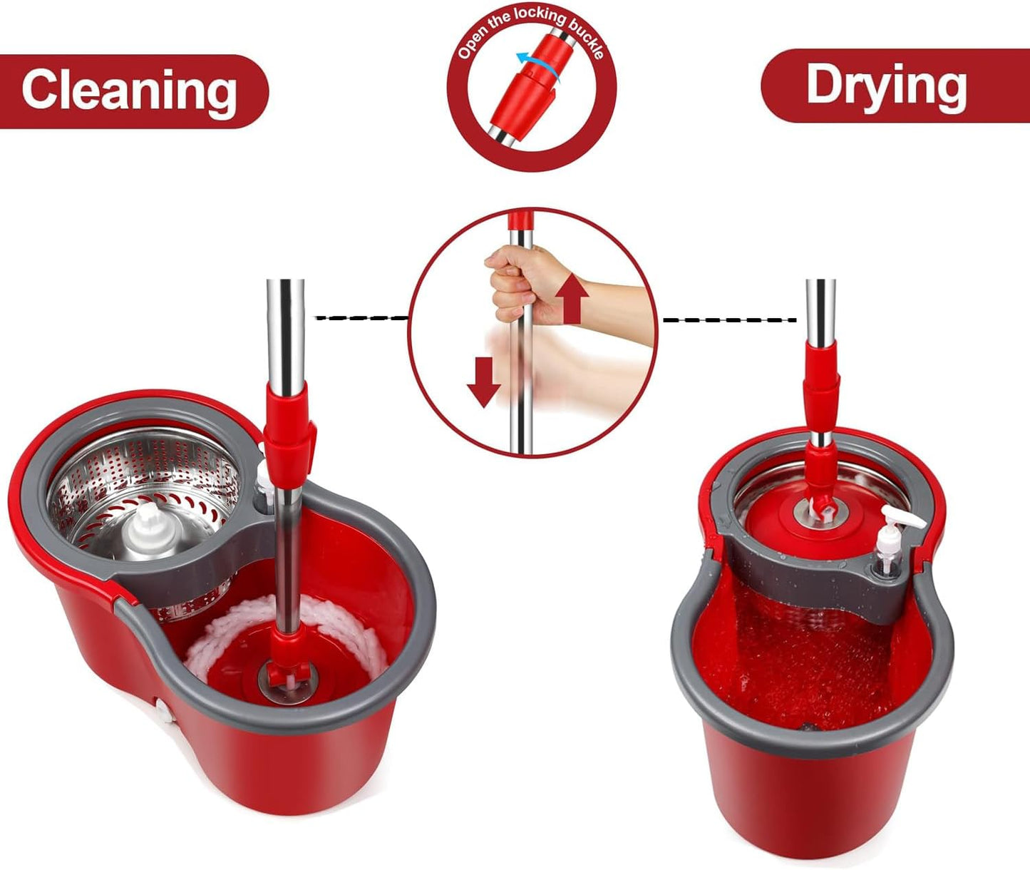 Spin Mop and Bucket with Wringer Set,for Floor Cleaning,with Floor Scrub Brush,61" Adjustable Handle and 6 Microfiber Mop Head(White)