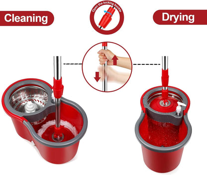 Spin Mop and Bucket with Wringer Set,for Floor Cleaning,with Floor Scrub Brush,61" Adjustable Handle and 6 Microfiber Mop Head(White)