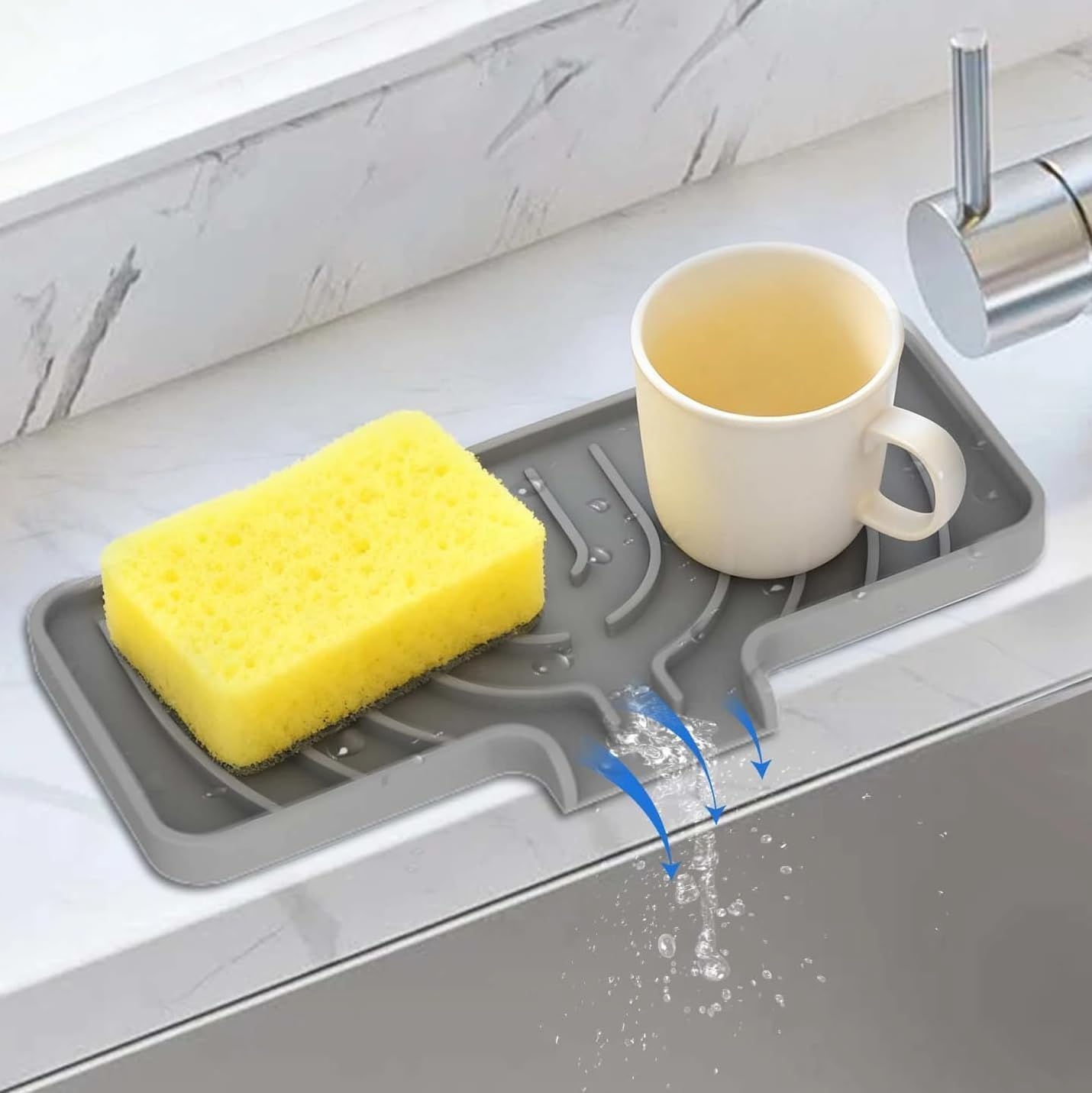 JACZZO Silicone Sponge Holder for Kitchen Sink With Drain Spout, Self Draining, Kitchen Soap Tray, Bathroom Organizer, Sink Caddy (Grey, 10×4)