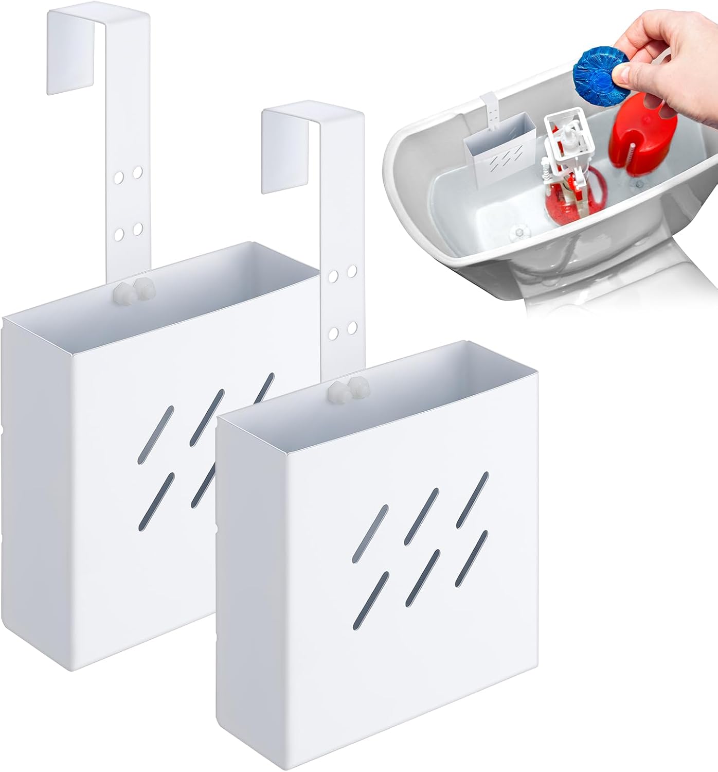 Honeydak 1 Pcs Large Size 4.33 x 4.33 x 1.38 Inch Stainless Steel Toilet Tank Cleaning Tablet Holder with Adjustable Hook to Hang Toilet Cleaner Box (White)