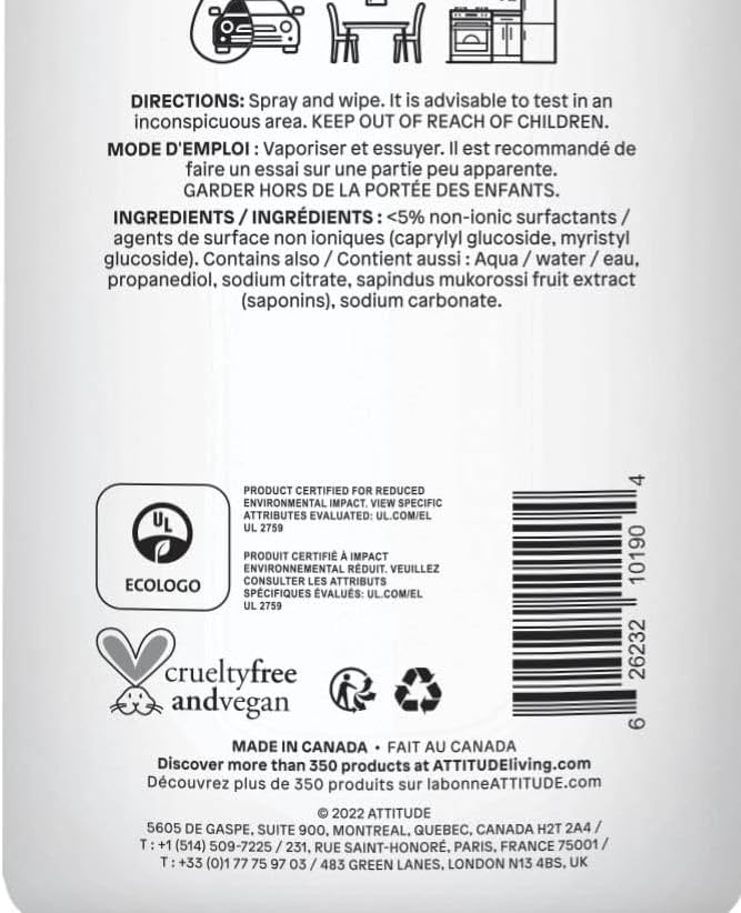 ATTITUDE All Purpose Cleaner Spray, EWG Verified, Vegan, Made with 94% Plant-Based Ingredients, Streak-Free for Kitchen, Bathroom, Glass & More, Pink Grapefruit Scent, 27.1 Fl Oz