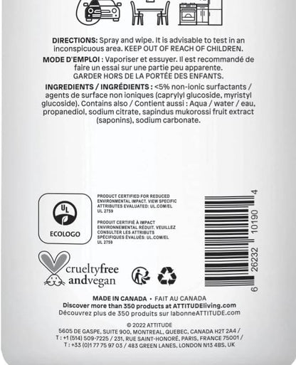 ATTITUDE All Purpose Cleaner Spray, EWG Verified, Vegan, Made with 94% Plant-Based Ingredients, Streak-Free for Kitchen, Bathroom, Glass & More, Pink Grapefruit Scent, 27.1 Fl Oz