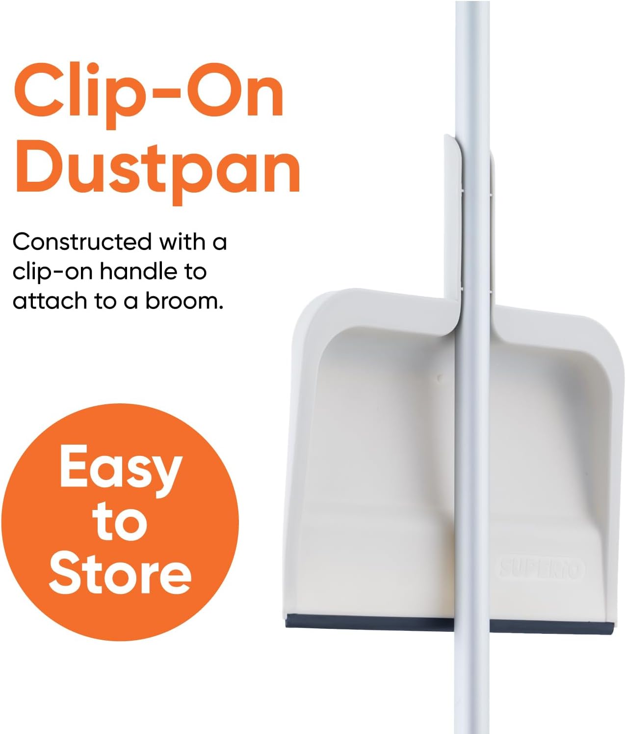 Superio Clip-On Dustpan with Rubber Lip - 10-inch Wide Durable Plastic Dust Pan with Comfort Grip Handle, White, 1-Pack