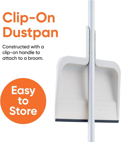 Superio Clip-On Dustpan with Rubber Lip - 10-inch Wide Durable Plastic Dust Pan with Comfort Grip Handle, White, 1-Pack