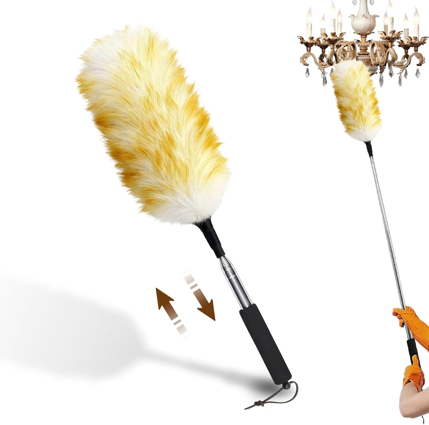 Extendable Ostrich Feather Duster with Bonus Wool Feather Duster Head - Natural Fluffy Non-Slip Handle Feathers Dusters for Cleaning Ceiling Fans, Blinds, Roof Dusting, High Surfaces (18-48 in)