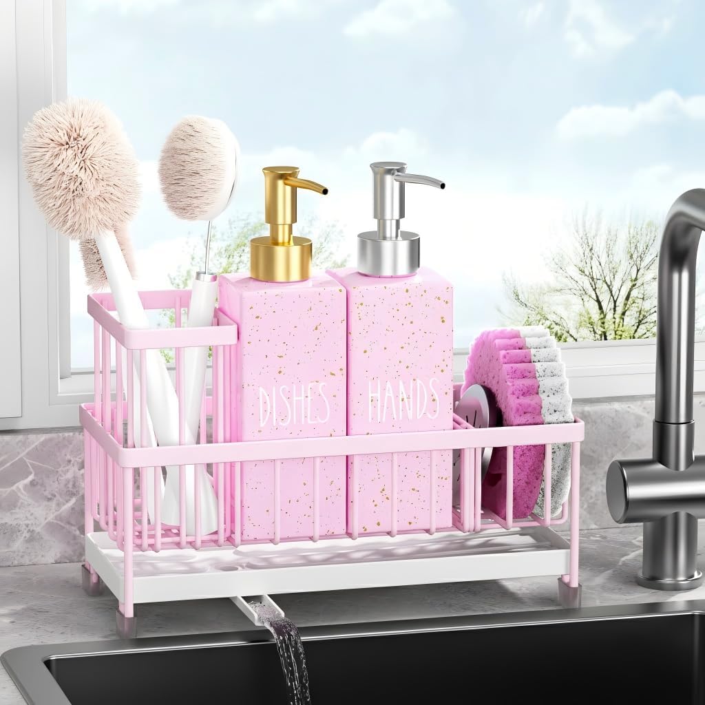 Cisily Kitchen Soap Dispenser Set with Sink Caddy, 12 Oz Glass Bottle, Hand and Dish Soap Dispenser Set with Sponge Holder, Black Stainless Steel Kitchen Countertop Sink Organizer Accessories
