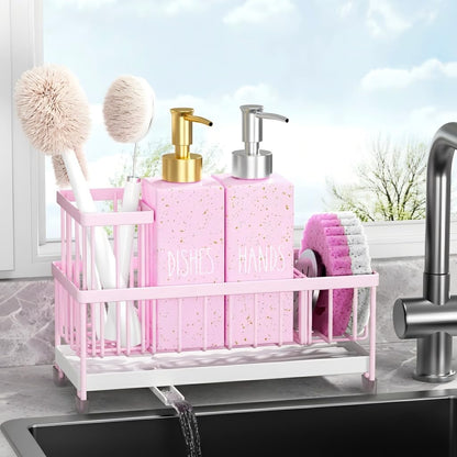 Cisily Kitchen Soap Dispenser Set with Sink Caddy, 12 Oz Glass Bottle, Hand and Dish Soap Dispenser Set with Sponge Holder, Black Stainless Steel Kitchen Countertop Sink Organizer Accessories
