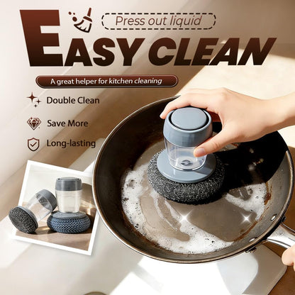 Comfort Grip Soap Dispensing Kitchen Scrub, 2026 New Dish Brush Soap Dispenser, Built-in Liquid Dispenser, with Replaceable Nylon/Wire Bristles (1 Steel Wire Brush + 2 Accessories)