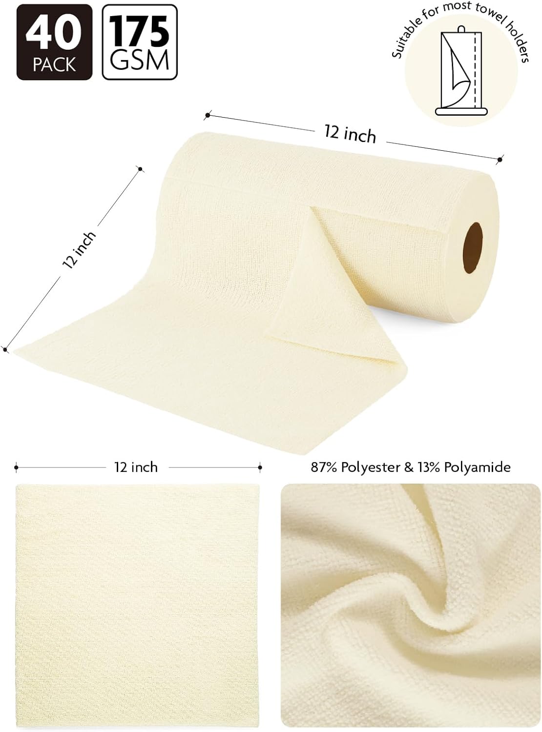Fantasticlean Microfiber Cleaning Cloth Roll -40 Pack, Tear Away Microfiber Towels, 12" x 12", Reusable, Washable, Scratch Free, Ultra Absorbent Dishcloth for All-Around Cleaning Supplies (White)