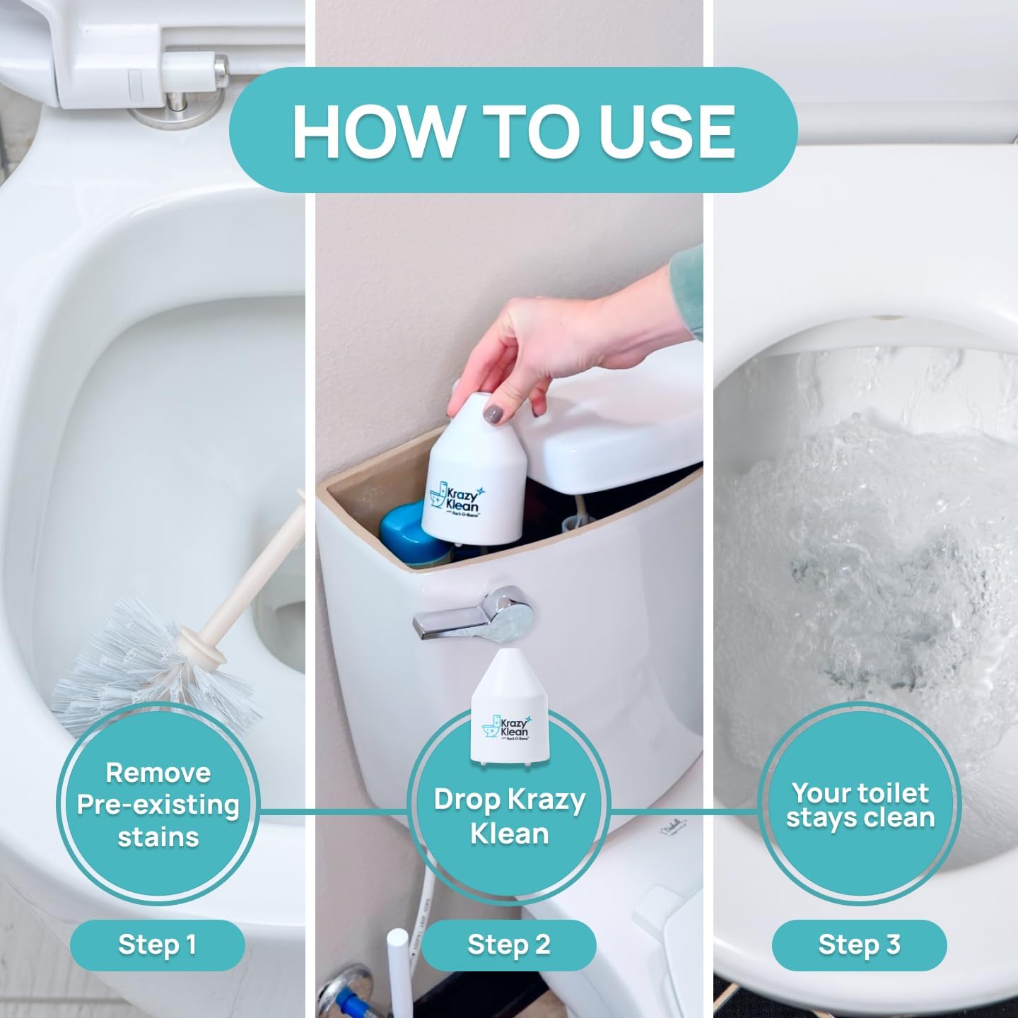 Krazy Klean Pro Toilet Cleaner, Household Cleaning Solution, Natural Long Lasting Toilet Cleaner for Hard Water Stains & Rings, Chemical Free Bathroom Cleaning Product, Drop In Tank System, 1 Count