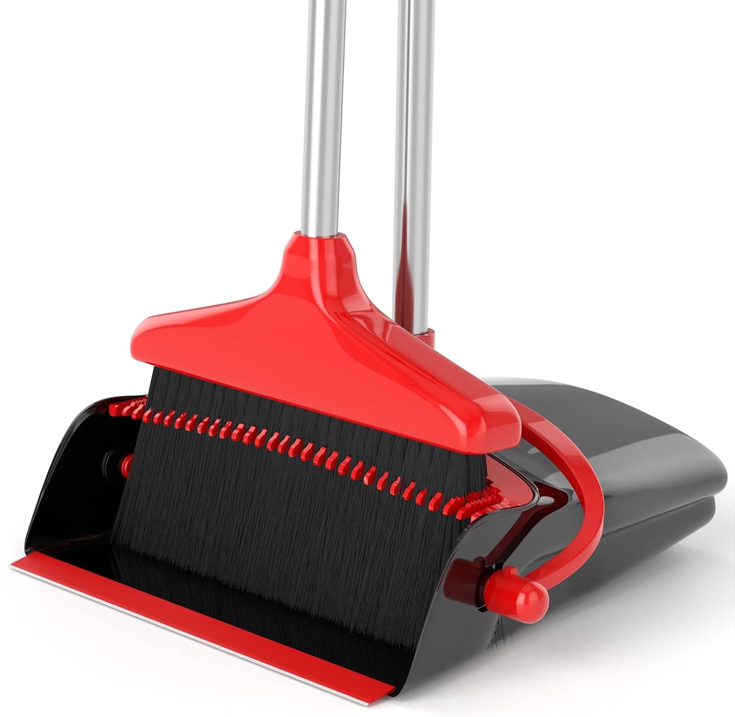 Broom with Dustpan Combo Set 54" Long Handle Adjustable Length Stainless Steel Broomstick Standing Dust Pan and Broom Set for Office Home Kitchen Lobby Floor Cleaning (Red and Black)