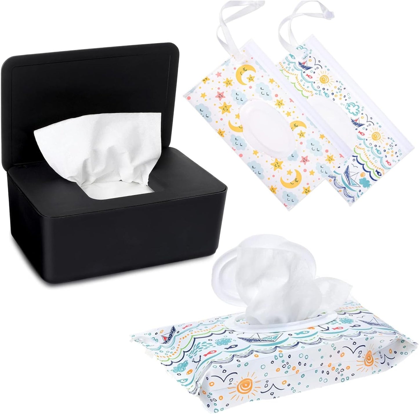 Wipe Dispenser White,Reusable Flushable Wipe Holder Set with 2Pcs Refillable Portable Wipe Bag for Baby Adult Bathroom,Wipe Container with Lids Keeps Wipes Fresh,Baby Shower New Mom Gifts