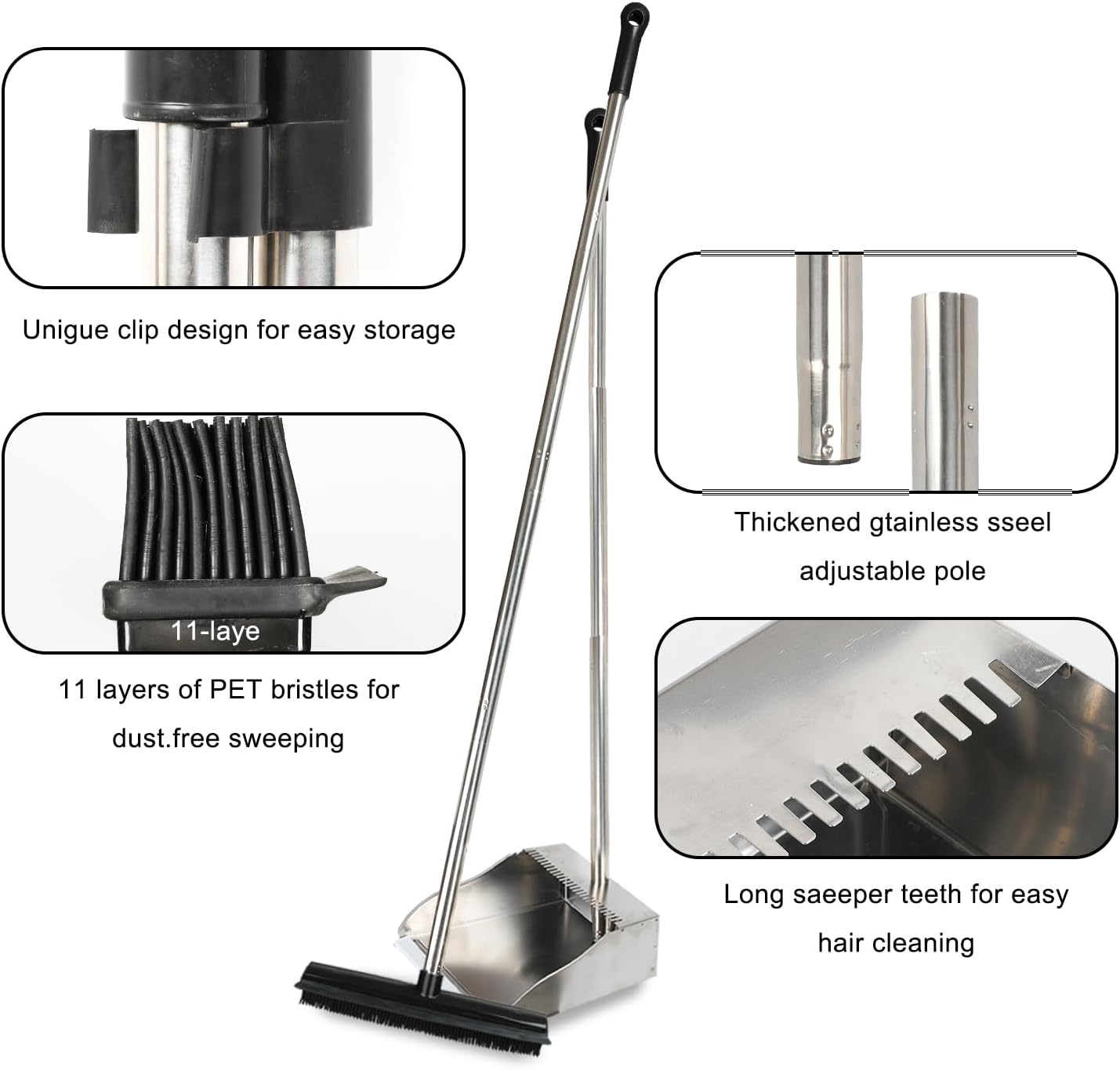 Rubber Broom and Dustpan Set,Pet Hair Removal Rubber Broom with Squeegee and Stainless Steel Dust Pan,Carpet Rake Push Broom and Dustpan for Fluff Hardwood Floor Tile (Green)