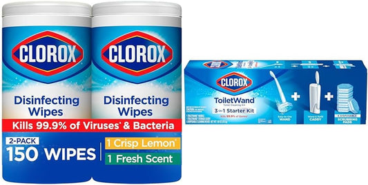 Clorox Disinfecting Wipes Value Pack, Bleach Free Cleaning Wipes, 75 Count Each, Pack of 2 + Clorox Toilet Wand Toilet Cleaning Kit, Caddy and 6 Refills (Pack May Vary)