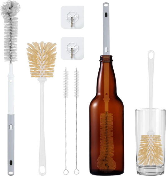 Bottle Brush Set – Adjustable Long Handle (Up to 15.6”) Narrow Bottle Cleaner, Fixed Handle Bottle Cleaning Brush, 2 Traceless Hooks & 2 Straw Brushes for Water Bottle Coffee Maker& More