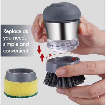 Soap Dispensing Dish Brush with Refillable Handle – Heavy Duty Palm Scrubber for Kitchen Sink, Pots, Pans & Dishes – Replaceable Brush Head – No Leak Design (Dark Gray)