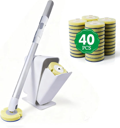 Eyliden Toilet Brush and Holder with 40 Refills, Disposable Toilet Cleaning Wand Kit with Pre-Soaked Sponge Heads, Hands-Free Toilet Bowl Cleaner Scrubber for Bathroom, 360° Cleaning, White