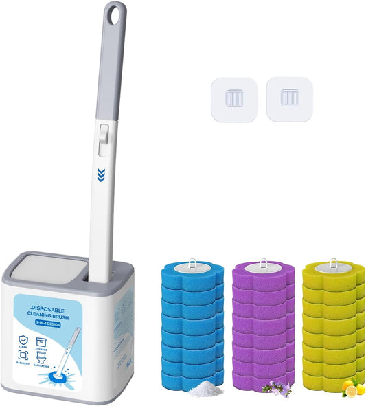 2026 Disposable Toilet Brush and Holder Set, Disposable Toilet Bowl Cleaning System with Aromatherapy Refills, Cleaning Wand with Storage Case & Scented Tabs (Ocean, Lemon & Lavender)