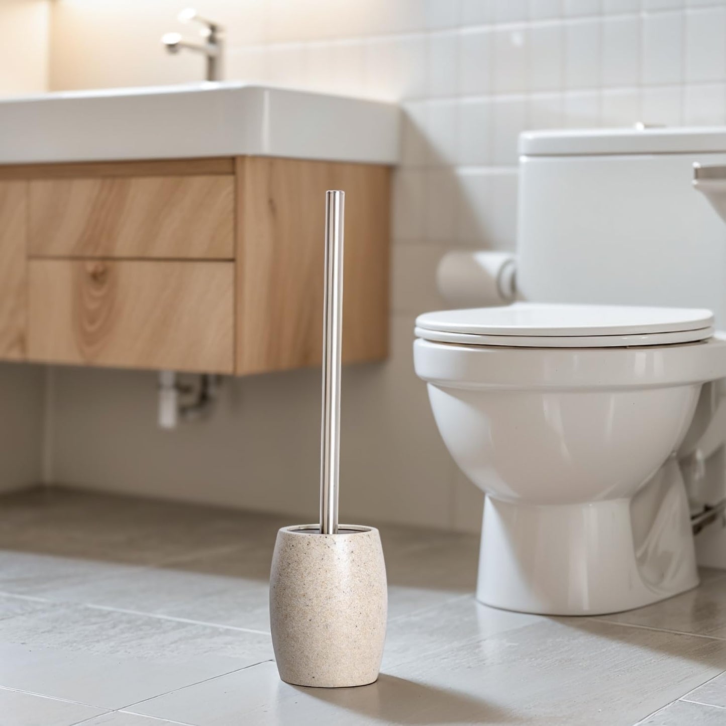 Clasin Home Toilet Bowl Brush and Holder with Stainless Steel Long Handle, Toilet Scrubber Brush with Durable Base, 360° Deep Cleaning Bristles for Bathroom, Compact Set for Small Space (Beige)