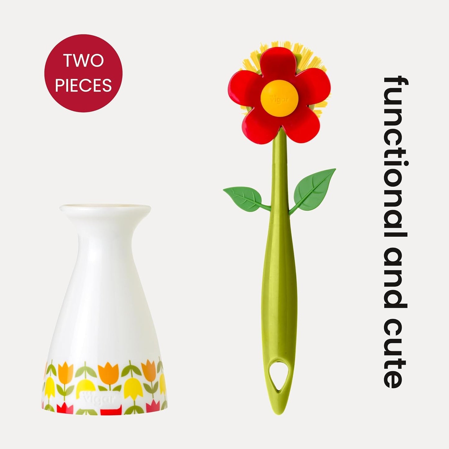 Vigar Flower Power Dish Brush with Vase Brush Holder, Dish Brush with Handle for Pot Scrubber, Dishes, Sink, and Kitchen Essentials, White, Black