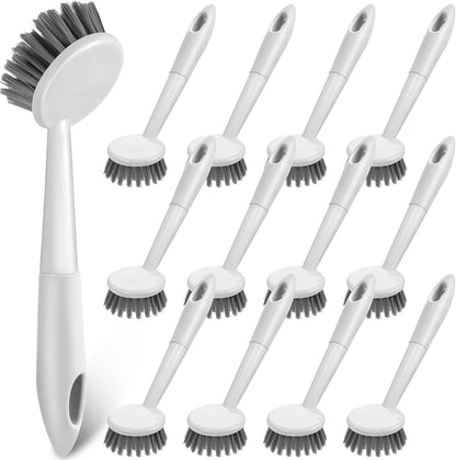 Patelai 12 Pack Kitchen Scrub Dish Brush with Long Handle Dish Scrubber with Stiff Bristles Scrub Brushes for Kitchen Dishes Washing Tools, Pots, Pans and Sink Cleaning (Celadon)