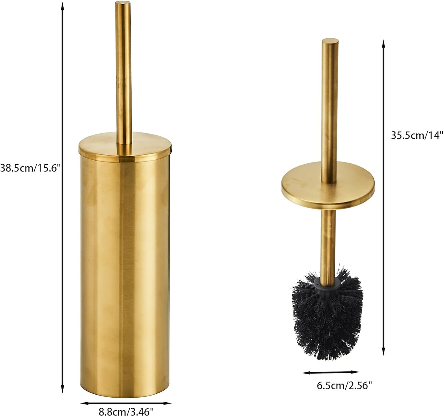 Brushed Gold Toilet Brush and Holder Set - Stainless Steel Toilet Bowl Scrubber with Replaceable Head & Splash Guard