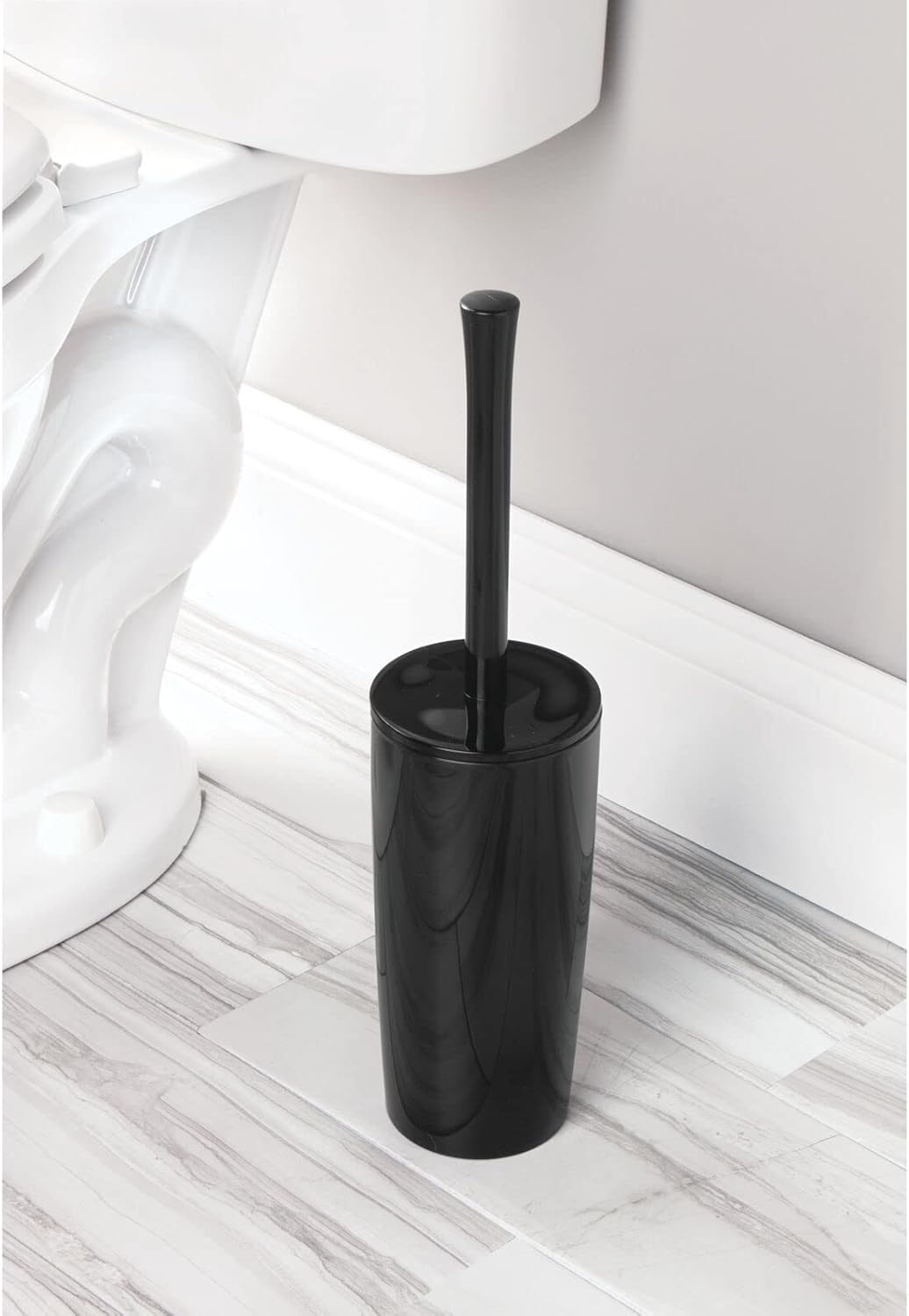 mDesign Slim Plastic Toilet Bowl Brush and Holder Set, Modern Compact Storage Organizer Cleaner Scrubber for Toilet - Heavy Duty Cleaning Plunger for Bathroom, Aura Collection - Navy Blue