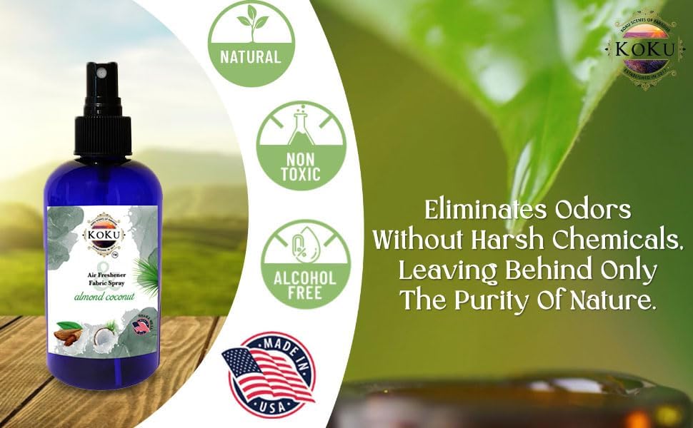 Almond Coconut Air Freshener - Room Spray - Odor Eliminator - Deodorizer - Car Air Freshener - Home Spray - Linen Spray - Fabric Refresher - Non-Toxic - Alcohol Free – Made in USA (4 Oz)