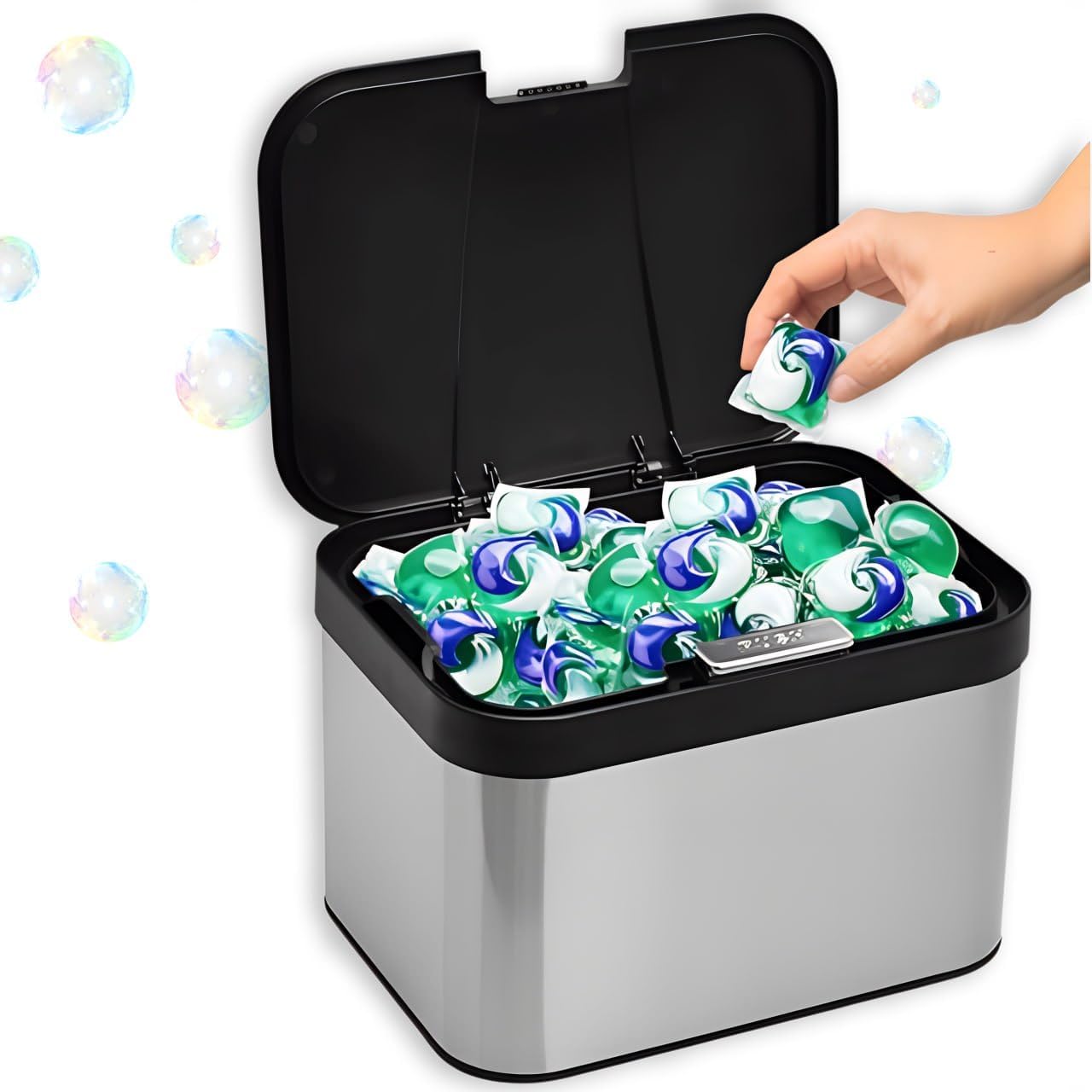 Skywin TidyFriend Laundry Pods Container with Lift Up Lid, 12.4" x 6.5" x 8.7", Airtight Storage Keeps Pods Fresh, Laundry Detergent Container & Dishwasher Pod Holder (Grey)