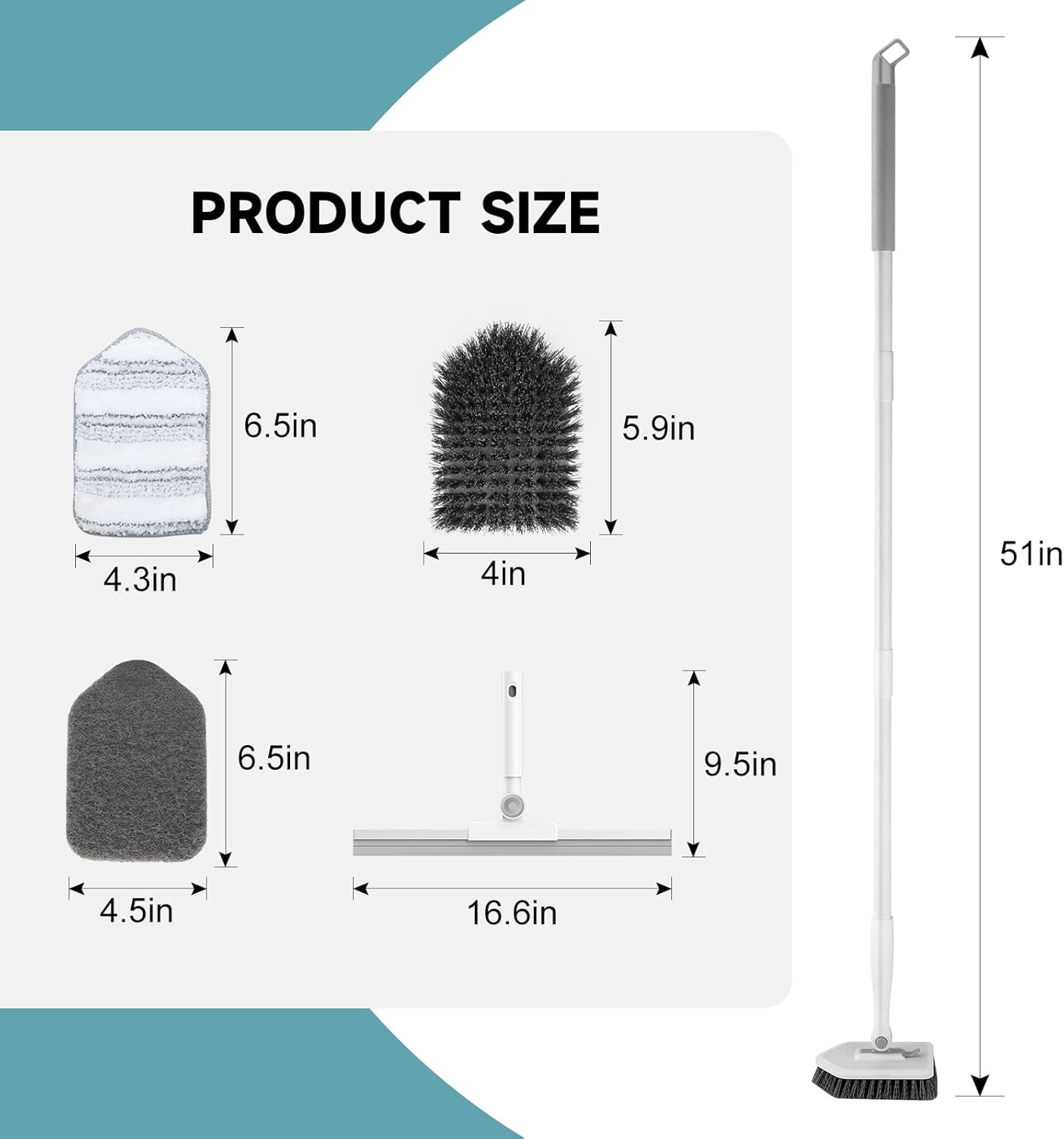 nacena Shower Scrubber with Long Handle, 3 in 1 Tile Tub Scrubber Brush with 3 Detachable Cleaning Heads Adjustable Handle Shower Cleaner Brush for Bathroom, Kitchen, Toilet, Wall, Sink, Blue White
