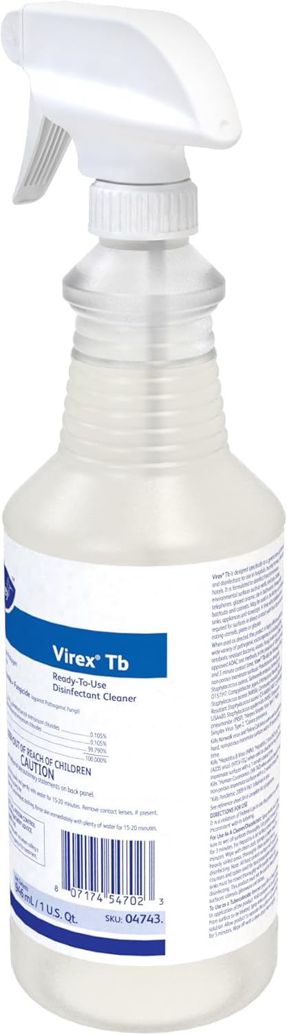 VIREX Diversey Tb 04743. Disinfectant Cleaner, Hospital Use Tuberculocidal, Virucide, Fungicide with Lemon Scent, Ready-to-Use Liquid, For Home & Commercial Use, 32-Ounce