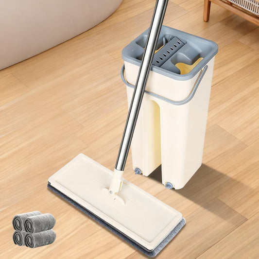 Mop and Bucket with Wringer Set, 4 Washable Microfiber Pads Included, Hands Free Flat Floor Mop and Bucket, Wet and Dry Use, Home Cleaning System for All Floor Types and Windows