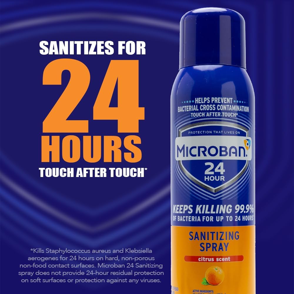 MICROBAN Sanitizing Spray, 15 oz., 2 Pack, Fresh Scent, Disinfects, Sanitizes, Eliminates Odors, and Keeps Killing 99.9% of Bacteria on Hard, Non-Porous Surfaces in Home for up to 24 Hours