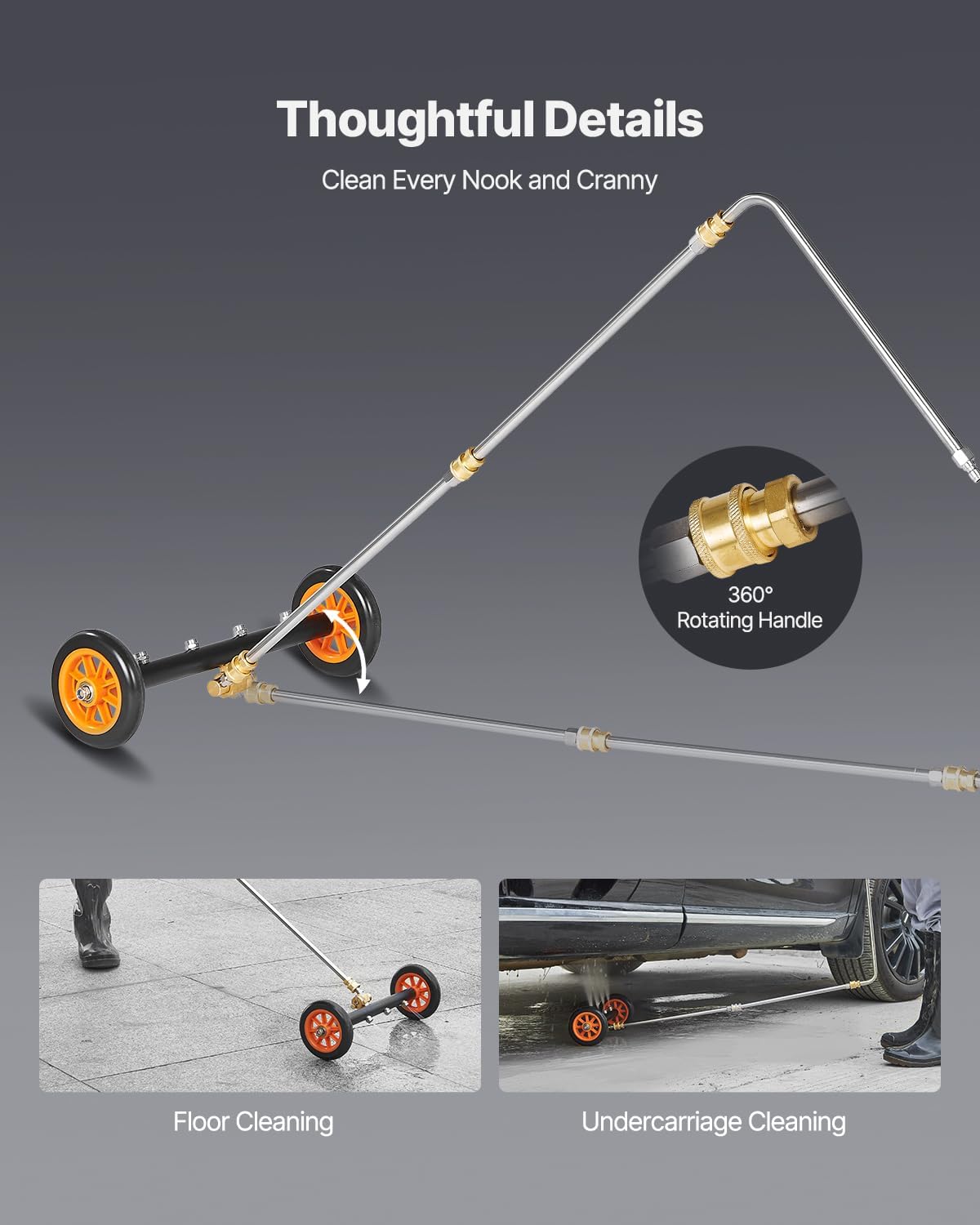 VEVOR 16 Inch Pressure Washer Undercarriage Cleaner, 4000 PSI Stainless Steel Cleaner with Angle Adjustment and 4 Nozzles, with 2 Extended Wands for Driveway, Patio, Deck