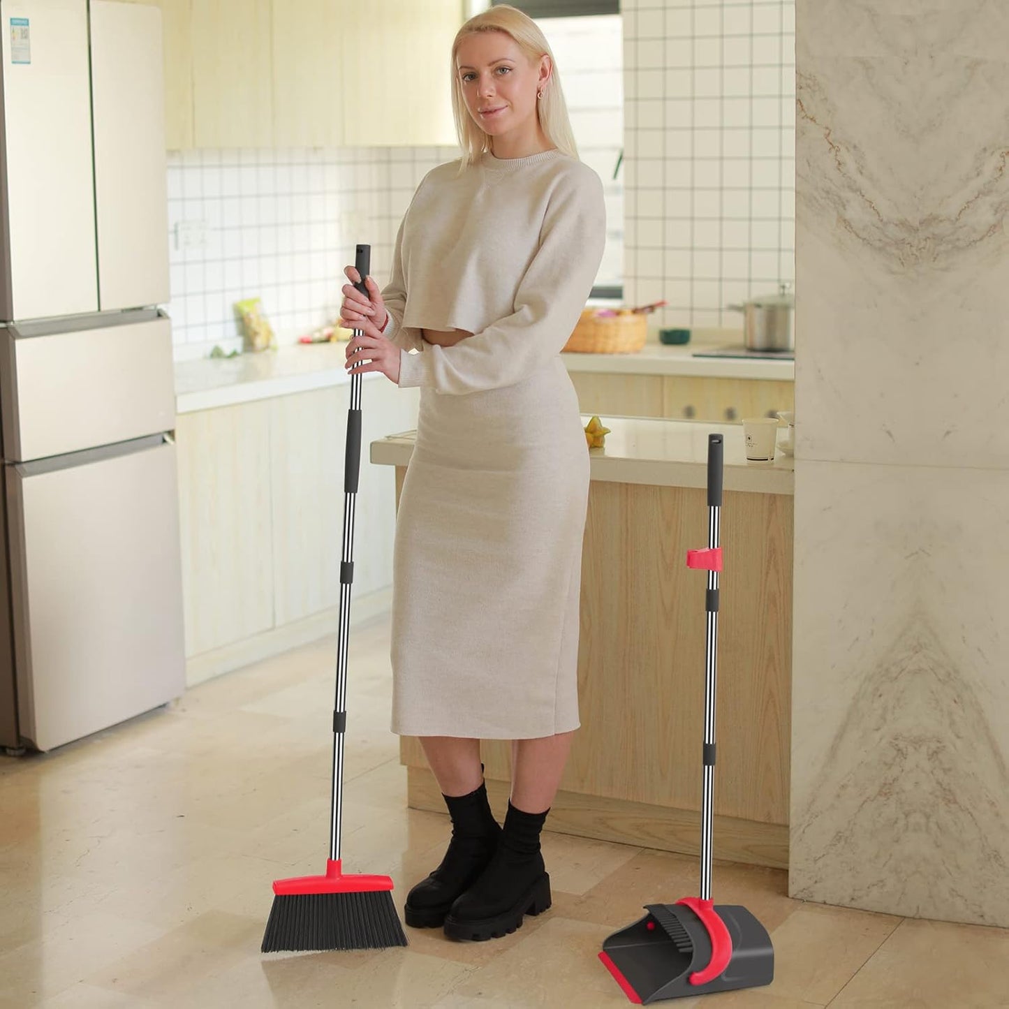 Ivandar Broom and Dustpan Set for Home, Broom and Dustpan Combo for Office, Long Handle Broom with Upright Standing Dust pan,Indoor&Outdoor Sweeping (Gray&Orange)