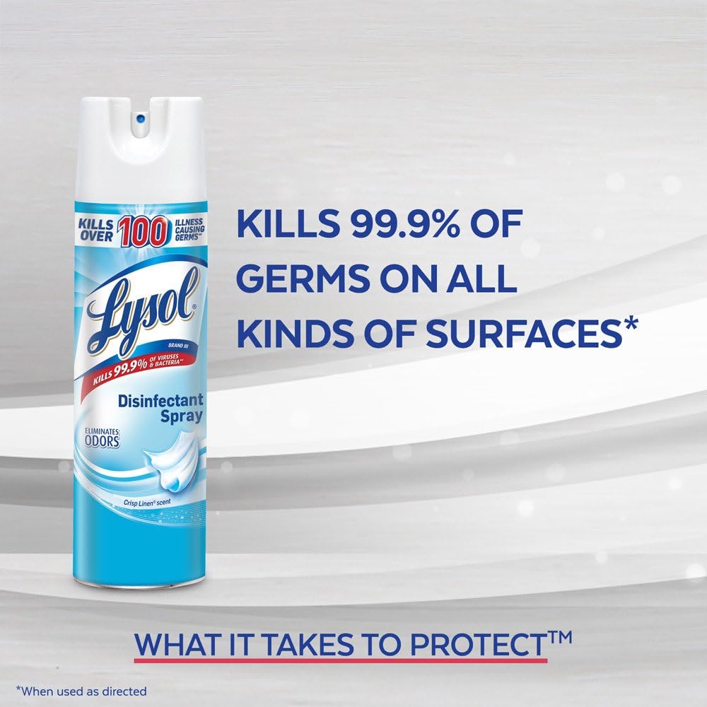 Lysol Disinfectant Spray, Household Essential Cleaning Supplies, Multi-Purpose Room Spray, Antibacterial Sanitizer Spray, Upholstery Deodorizer, Home and Bathroom, Crisp Linen,19 Fl Oz (Pack of 12)