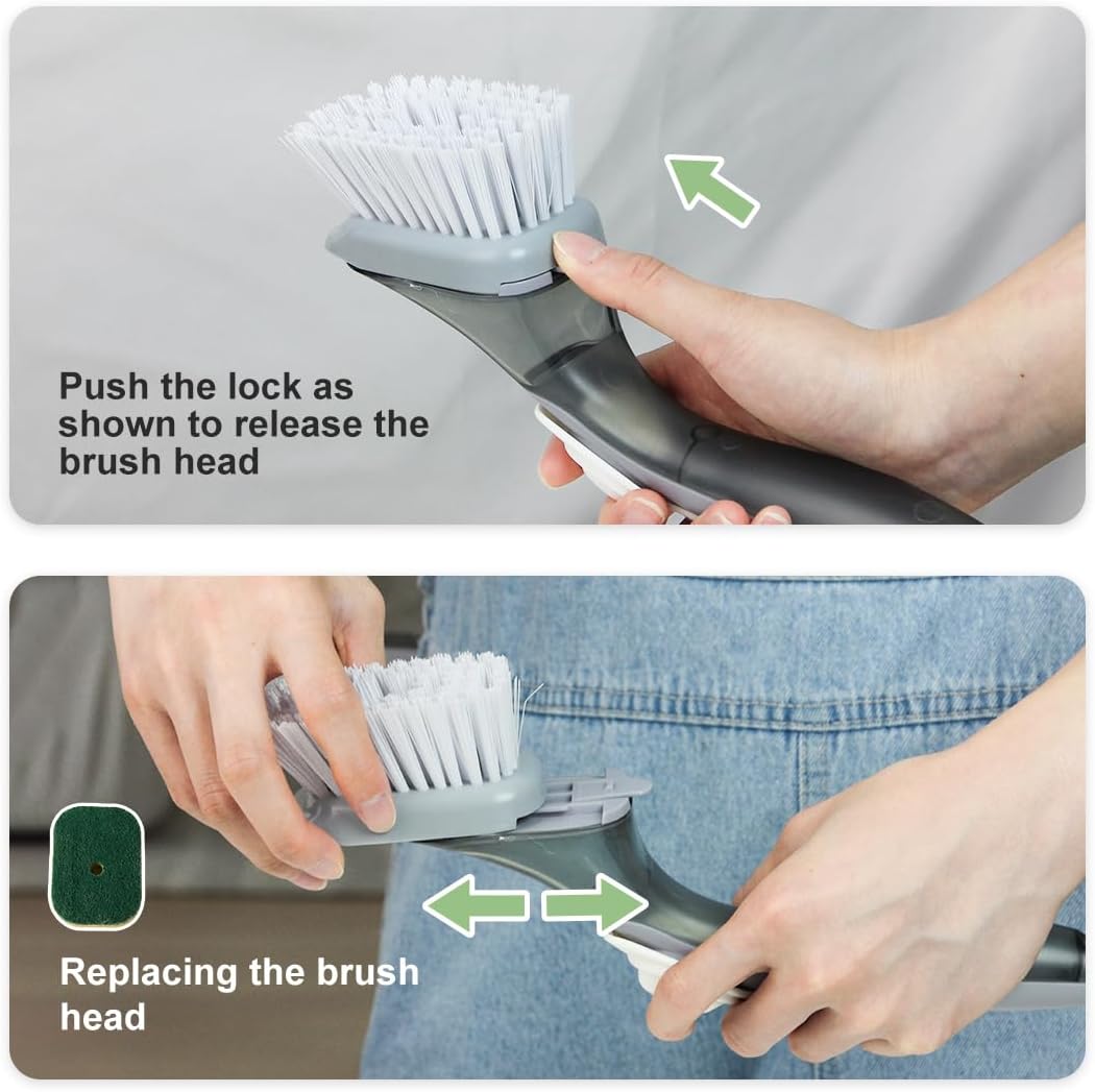 CQT Soap Dispensing Dish Brush Storage Set, Dish Scrubber with Handle, Kitchen Washing Brush for Pot Pan Sink Cleaning, Kitchen Brush with Holder and 1 Replaced Scouring Pad Head