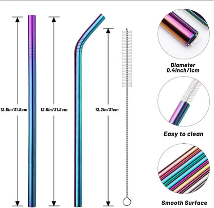 VEHHE Metal Straw Stainless Steel Straws Drinking Reusable Straws 4 Set -10.5" Ultra Long Rainbow Color-Cleaning Brush for 20/30 Oz for Yeti RTIC SIC Ozark Trail Tumblers (2 Straight|2 Bent|1 Brush)