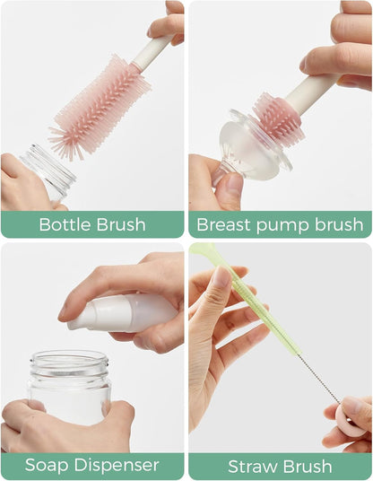Momcozy Bottle Brush Set - Baby Bottle Cleaner Kit with Silicone Brush, Nipple Brush, Straw Brush, Soap Dispenser, Drying Rack - 7 in 1 Bottle Cleaning Tool for Home and Travel, Green