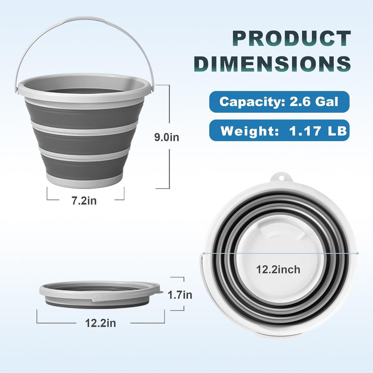 Gronivex 2.6 Gallon Collapsible Bucket with Handle - Foldable Portable Water Pail for Car Wash, Camping, RV, Boat, Fishing - Space-Saving Multi-Purpose Cleaning Bucket, BPA Free