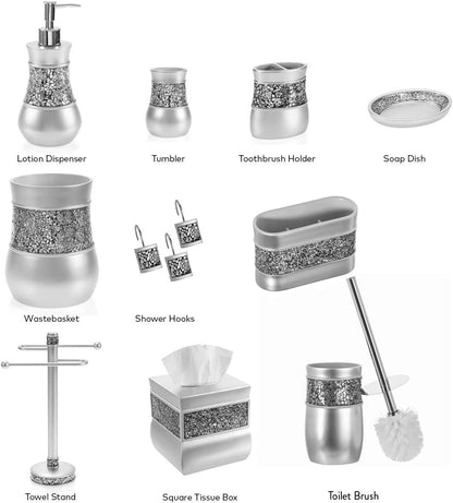 Creative Scents Crackled Glass Toilet Brush with Holder - Silver Toilet Bowl Cleaner Brush and Holder - Good Grip, Deep Cleaning, Decorative Design Compact Toilet Bowl Scrubber