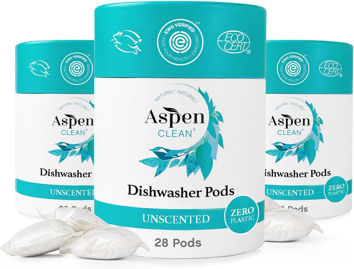 AspenClean | Unscented Dishwasher Pods | Cuts Grease and Grime | Zero Plastic | Non - Toxic | 100% Natural Dishwasher Detergent | EWG Verified - 28 Count