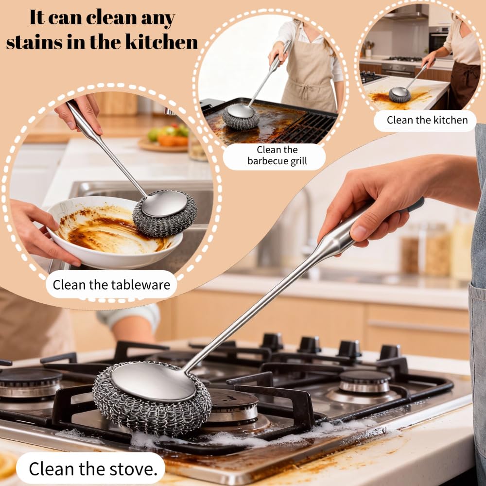Steel Wool Scrubber with Handle: 7Pcs Stainless Steel Scrubber Brush Set – 1 Long Brushes,1 Short Brushes,4 Replaceable Pads,1 Screwdriver for Home Cooks,BBQ Enthusiasts,Anti-Scratch,for Kitchen