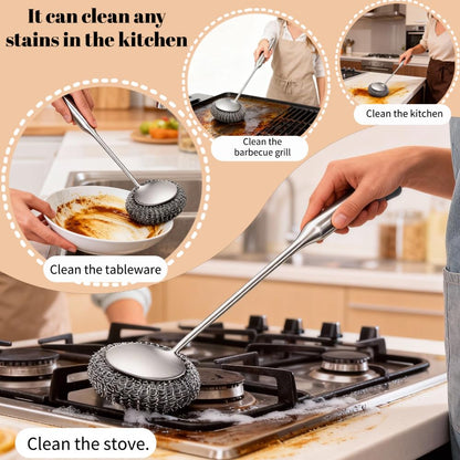 Steel Wool Scrubber with Handle: 7Pcs Stainless Steel Scrubber Brush Set – 1 Long Brushes,1 Short Brushes,4 Replaceable Pads,1 Screwdriver for Home Cooks,BBQ Enthusiasts,Anti-Scratch,for Kitchen