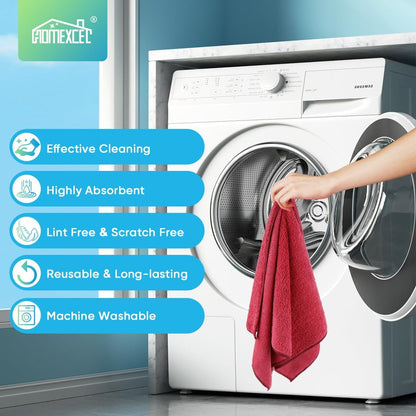 HOMEXCEL Microfiber Cleaning Cloth 210GSM, Pack of 12, Size:11.5" x 11.5", Ultra-Soft, High-Density Non-Abrasive Cleaning Towels for Cars, Glass, Kitchen, Reusable Rags, Blue/Green/Yellow/Pink