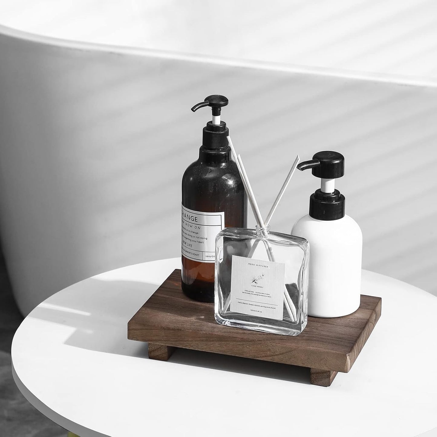 zoocatia Small Wood Tray Pedestal Stand Farmhouse Bathroom Decor Decorative Wooden Riser Kitchen Soap Dish Holder for Vanity, Counter, Sink, 9" x 5.9" - Black
