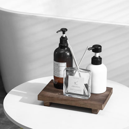 zoocatia Small Wood Tray Pedestal Stand Farmhouse Bathroom Decor Decorative Wooden Riser Kitchen Soap Dish Holder for Vanity, Counter, Sink, 9" x 5.9" - Black