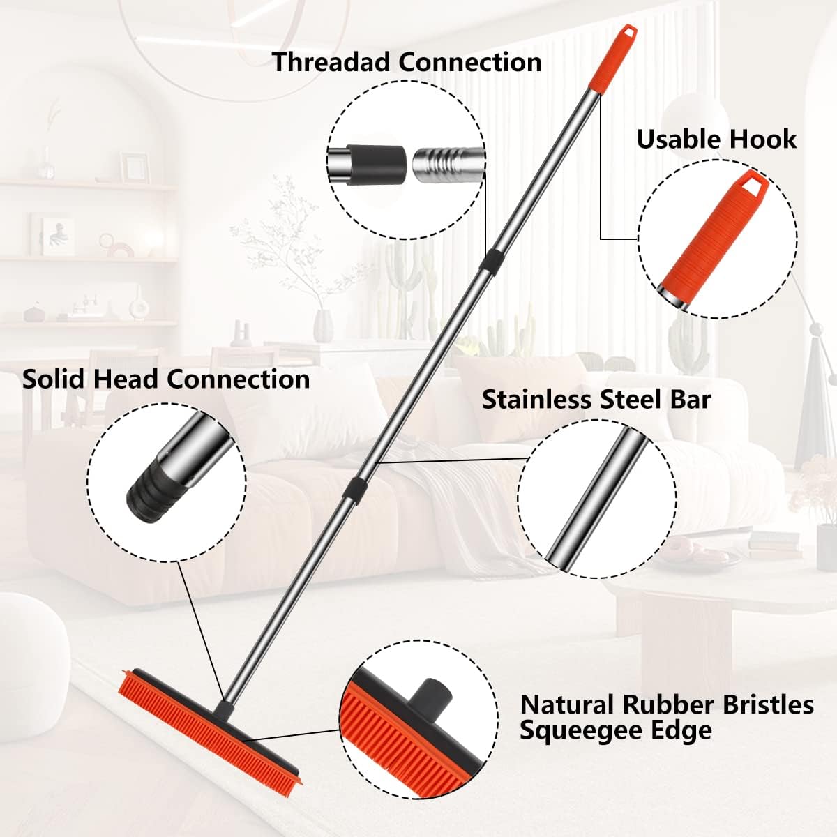 Pet Hair Rubber Broom with Squeegee for Carpet,Fur Remover Broom Carpet Rake for Pet Hair Removal, with 50" Long Handle